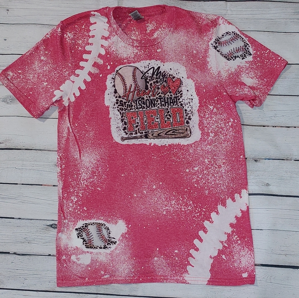 Small Bleached Baseball Tee "My Heart is on that Field" New